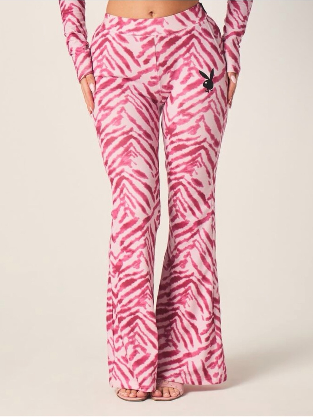 PLAYBOY Pink Zebra Flared Pants with Black Bunny Logo